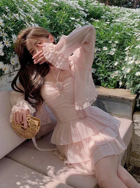 Vestido corto de verano de gasa rosa con corte en A para fiesta de bienvenida, minivestido para cumpleaños número 18, vestido de cóctel DP1862