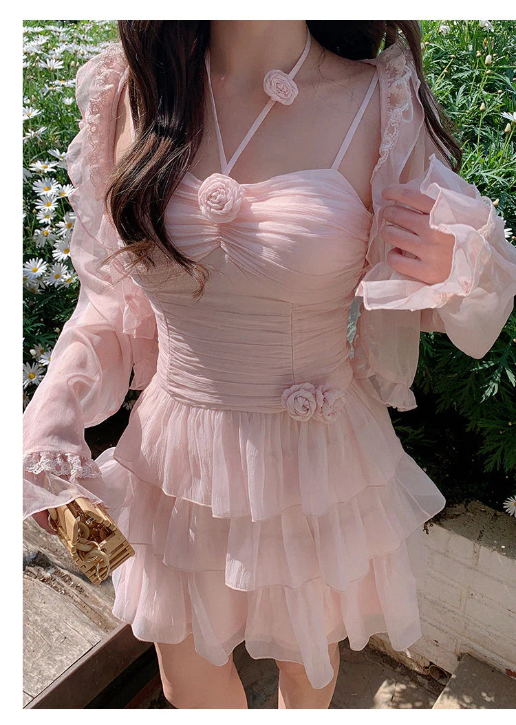 Vestido corto de verano de gasa rosa con corte en A para fiesta de bienvenida, minivestido para cumpleaños número 18, vestido de cóctel DP1862