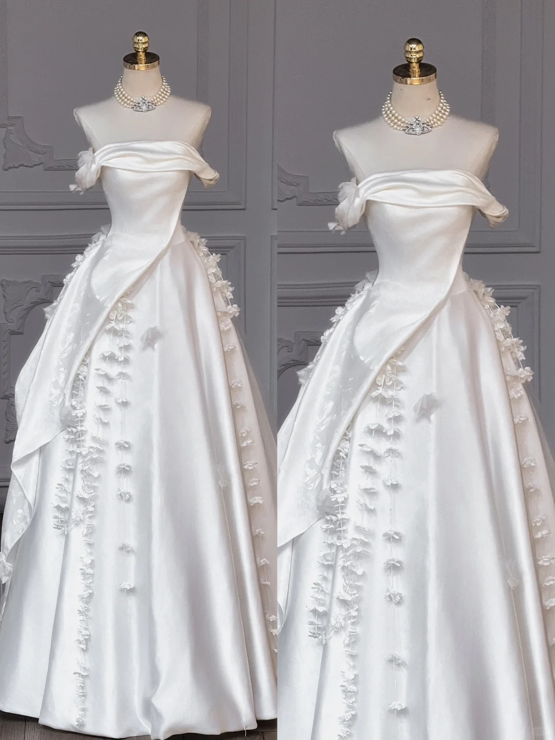 Vestido de novia modesto, vestido de fiesta con hombros descubiertos, satén floral, vestidos de novia largos, vestidos de novia DP2013