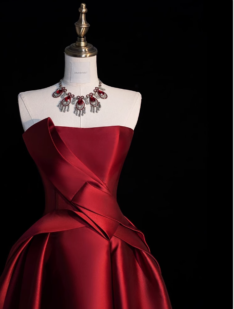 Hermoso vestido de fiesta sin tirantes color burdeos, vestidos formales de verano para invitadas de boda, trajes para invitadas de boda DP2259