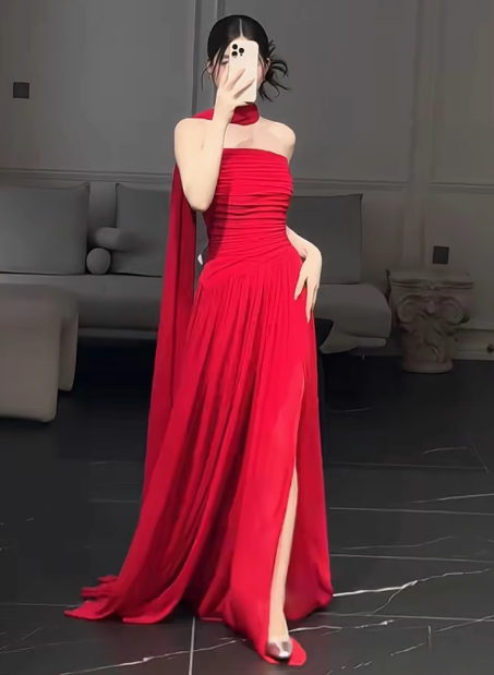Gorgeous Sheath Strapless Red Chiffon Slit Prom Dresses Formal Summer Wedding Guest Dresses Wedding Guest Outfits DP2269