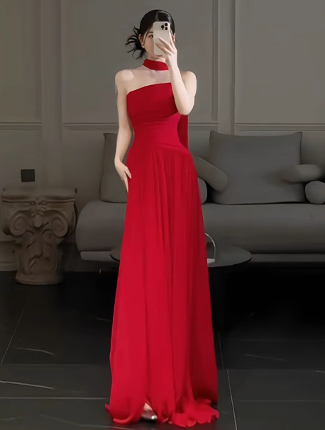 Gorgeous Sheath Strapless Red Chiffon Slit Prom Dresses Formal Summer Wedding Guest Dresses Wedding Guest Outfits DP2269