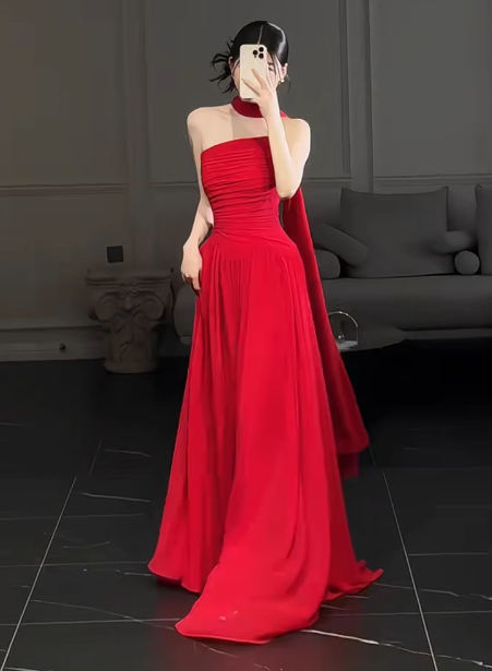 Gorgeous Sheath Strapless Red Chiffon Slit Prom Dresses Formal Summer Wedding Guest Dresses Wedding Guest Outfits DP2269
