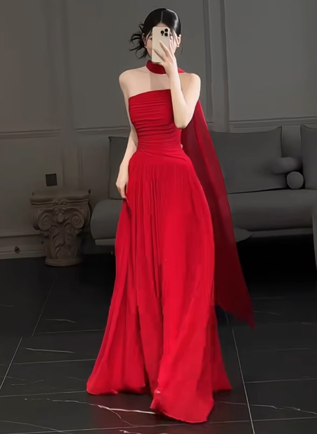 Gorgeous Sheath Strapless Red Chiffon Slit Prom Dresses Formal Summer Wedding Guest Dresses Wedding Guest Outfits DP2269