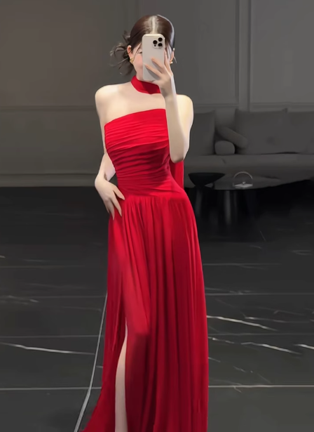 Gorgeous Sheath Strapless Red Chiffon Slit Prom Dresses Formal Summer Wedding Guest Dresses Wedding Guest Outfits DP2269