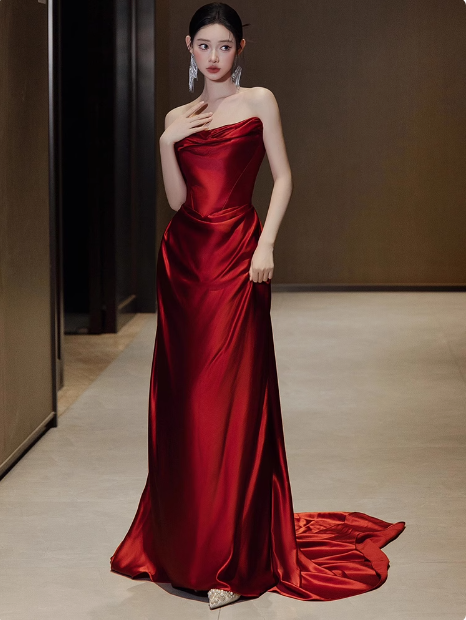 Hermosos vestidos de fiesta de sirena sin tirantes en color burdeos, vestidos formales de verano para invitadas de boda, trajes para invitadas de boda DP2270