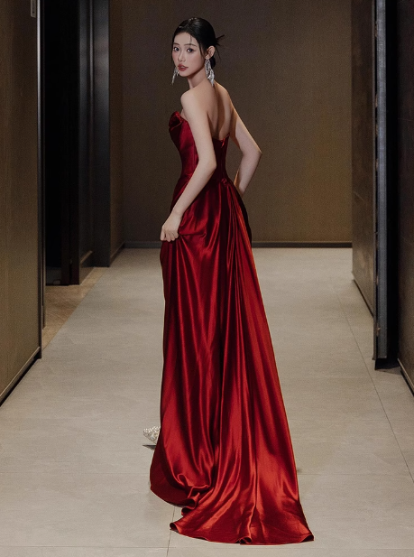 Hermosos vestidos de fiesta de sirena sin tirantes en color burdeos, vestidos formales de verano para invitadas de boda, trajes para invitadas de boda DP2270