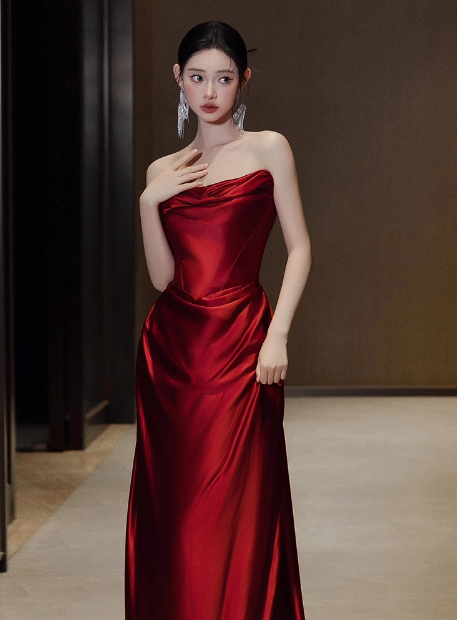 Hermosos vestidos de fiesta de sirena sin tirantes en color burdeos, vestidos formales de verano para invitadas de boda, trajes para invitadas de boda DP2270