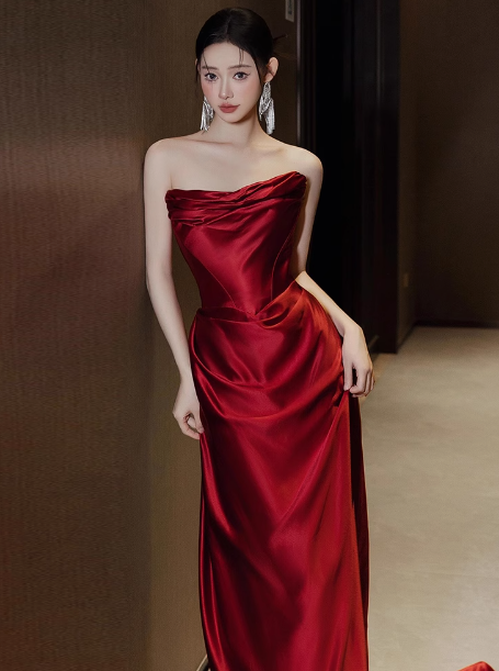 Hermosos vestidos de fiesta de sirena sin tirantes en color burdeos, vestidos formales de verano para invitadas de boda, trajes para invitadas de boda DP2270