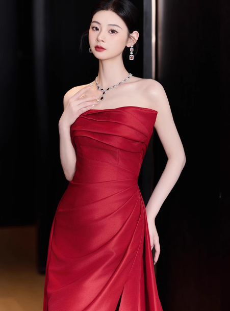 Gorgeous Sheath Strapless Red Satin Slit Prom Dresses Formal Summer Wedding Guest Dresses Wedding Guest Outfits DP2276