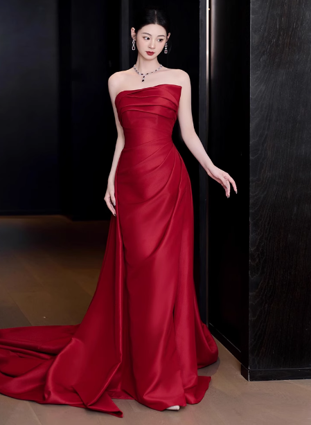 Gorgeous Sheath Strapless Red Satin Slit Prom Dresses Formal Summer Wedding Guest Dresses Wedding Guest Outfits DP2276