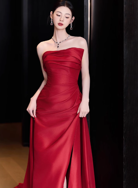 Gorgeous Sheath Strapless Red Satin Slit Prom Dresses Formal Summer Wedding Guest Dresses Wedding Guest Outfits DP2276
