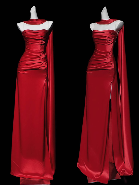 Gorgeous Sheath Strapless Red Satin Slit Prom Dresses Formal Summer Wedding Guest Dresses Wedding Guest Outfits DP2278