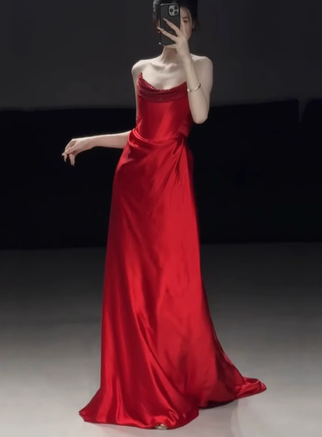 Gorgeous Sheath Strapless Red Satin Prom Dresses Formal Summer Wedding Guest Dresses Wedding Guest Outfits DP2279
