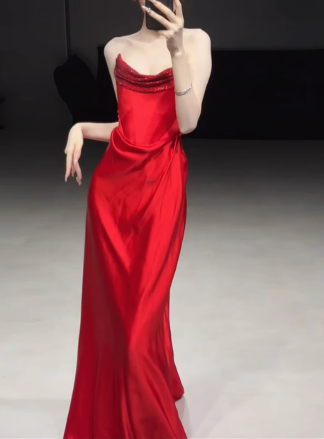 Gorgeous Sheath Strapless Red Satin Prom Dresses Formal Summer Wedding Guest Dresses Wedding Guest Outfits DP2279