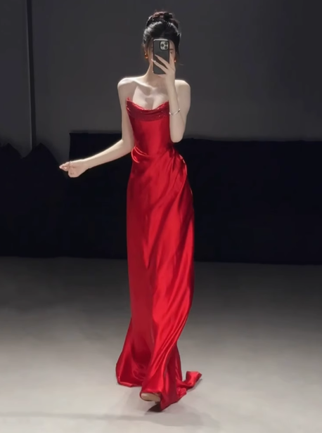 Gorgeous Sheath Strapless Red Satin Prom Dresses Formal Summer Wedding Guest Dresses Wedding Guest Outfits DP2279