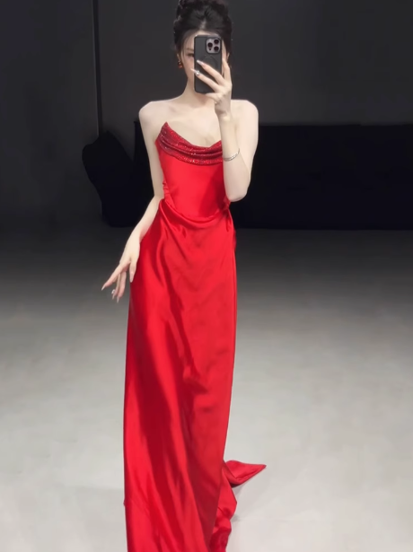Gorgeous Sheath Strapless Red Satin Prom Dresses Formal Summer Wedding Guest Dresses Wedding Guest Outfits DP2279