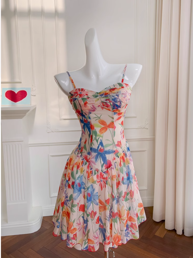 Vestido corto de gasa con tirantes finos, corte en A, floral, para fiesta de bienvenida, de verano, para cóctel, para cumpleaños, DP2288