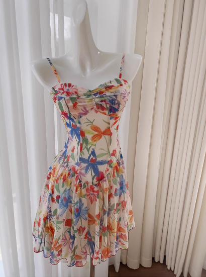 Vestido corto de gasa con tirantes finos, corte en A, floral, para fiesta de bienvenida, de verano, para cóctel, para cumpleaños, DP2288