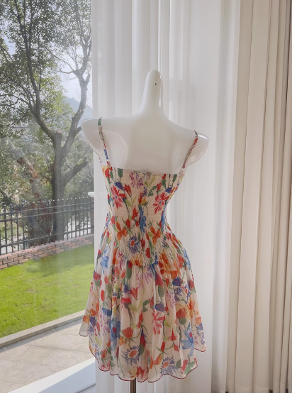 Vestido corto de gasa con tirantes finos, corte en A, floral, para fiesta de bienvenida, de verano, para cóctel, para cumpleaños, DP2288