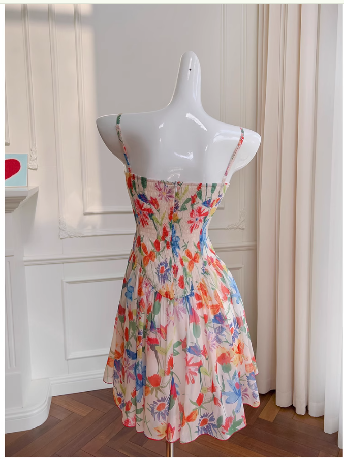 Vestido corto de gasa con tirantes finos, corte en A, floral, para fiesta de bienvenida, de verano, para cóctel, para cumpleaños, DP2288