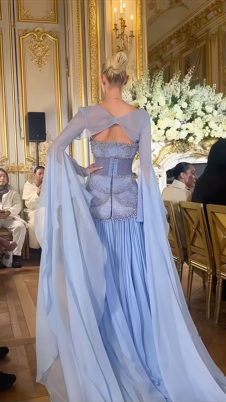 Classy Mermaid Luxury Baby Blue Pearl Chiffon Prom Dress Princess Birthday Dress Long Prom Dresses DP240