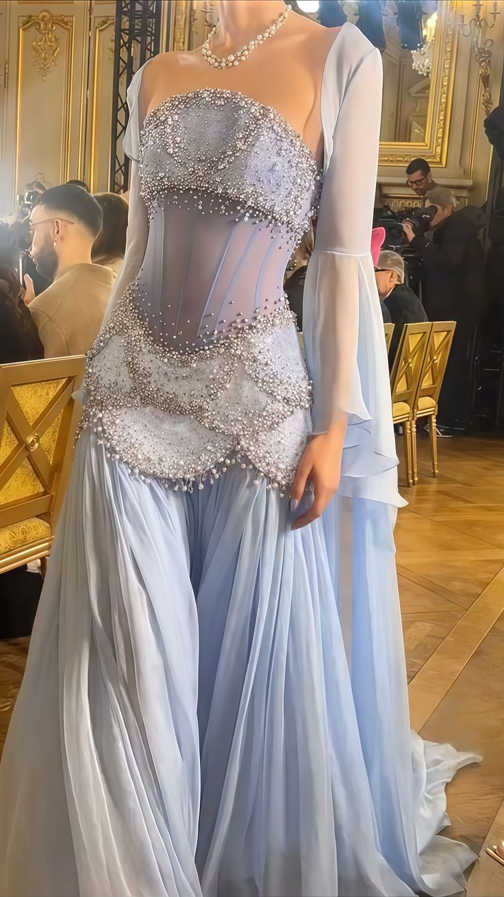 Classy Mermaid Luxury Baby Blue Pearl Chiffon Prom Dress Princess Birthday Dress Long Prom Dresses DP240