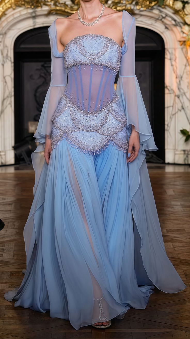 Classy Mermaid Luxury Baby Blue Pearl Chiffon Prom Dress Princess Birthday Dress Long Prom Dresses DP240