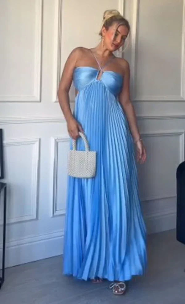 Modest A line Halter Blue Sleeveless Blue Prom Dresses Birthday Outfits Party Dress Formal Dress DP269