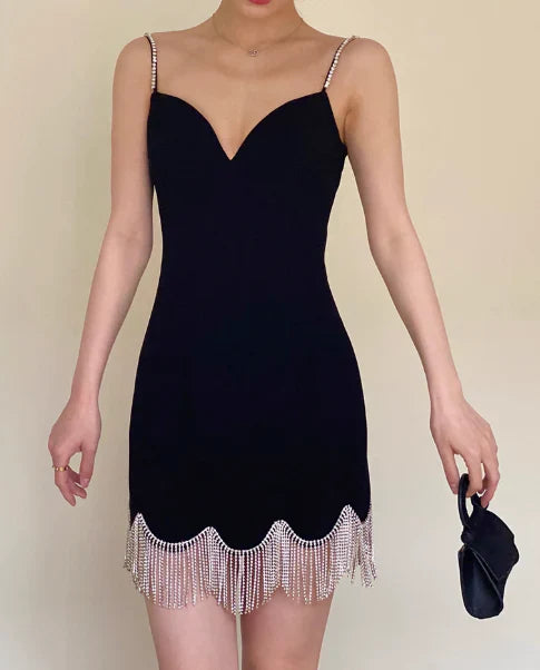 Vestido de fiesta corto vintage negro con escote en forma de corazón, borlas y tirantes finos, vestido de cóctel, vestido de bienvenida TP4462