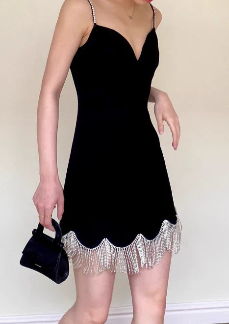 Vestido de fiesta corto vintage negro con escote en forma de corazón, borlas y tirantes finos, vestido de cóctel, vestido de bienvenida TP4462