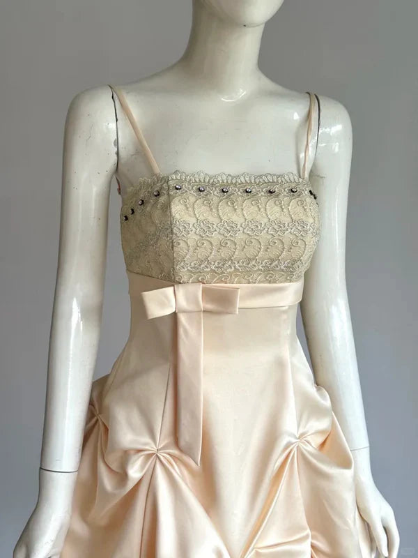 Vestido de fiesta vintage color champán con tirantes finos, corte A, satén y cuentas, vestido de cóctel corto TP4611