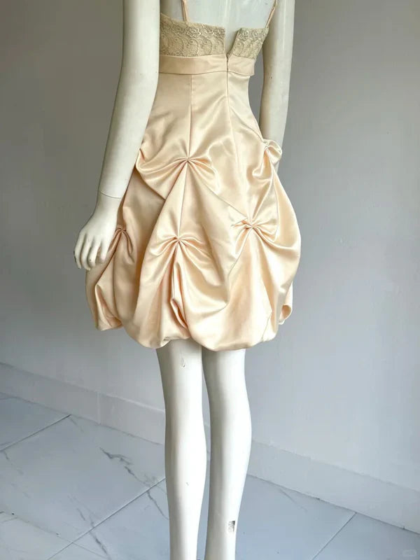 Vestido de fiesta vintage color champán con tirantes finos, corte A, satén y cuentas, vestido de cóctel corto TP4611