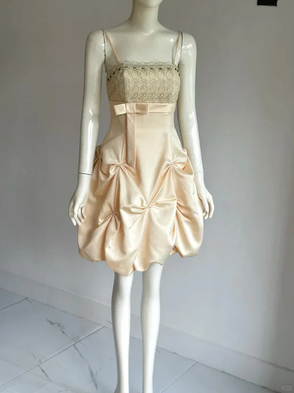 Vestido de fiesta vintage color champán con tirantes finos, corte A, satén y cuentas, vestido de cóctel corto TP4611