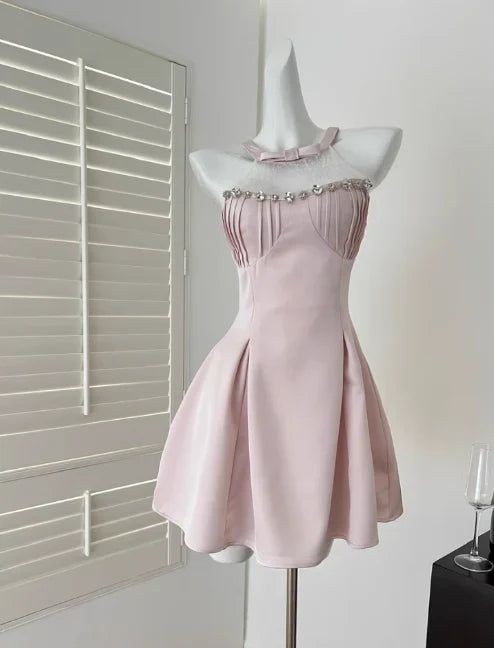Vestido de fiesta vintage rosa con cuentas, corte A, de satén, corto, para cóctel, TP4613