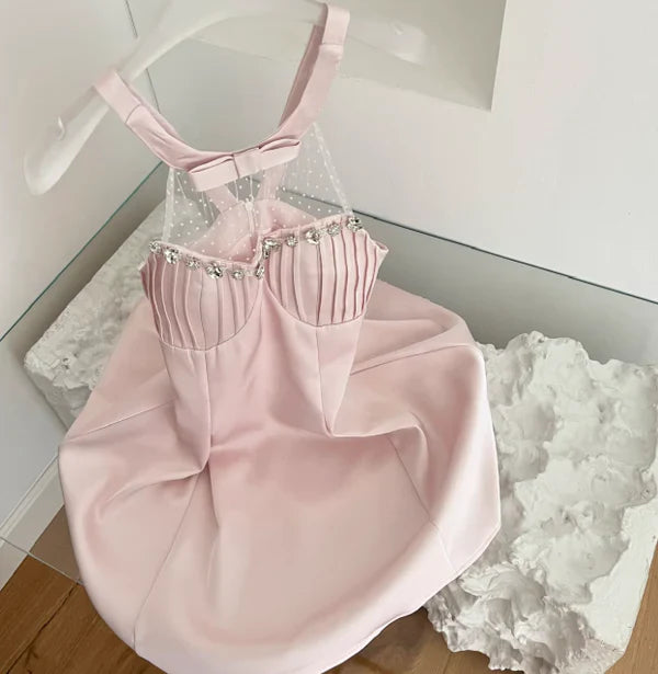 Vestido de fiesta vintage rosa con cuentas, corte A, de satén, corto, para cóctel, TP4613