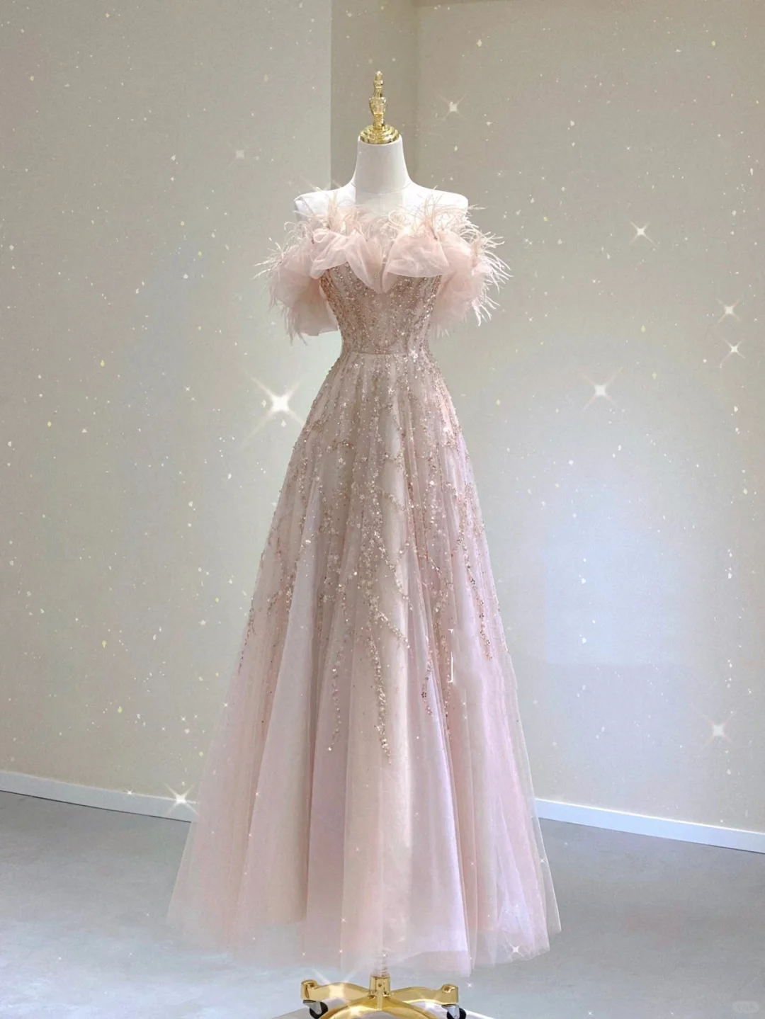 Pretty A line Off The Shoulder Sequin Pink Tulle Long Prom Dresses Evening Dresses DP341