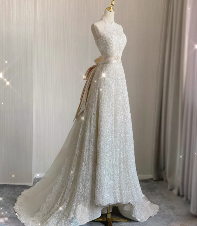 Vestido de novia blanco largo de encaje con escote alto y corte A único, vestido de novia de verano DP409