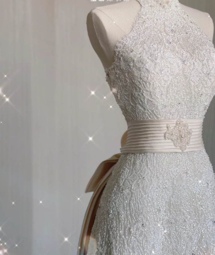 Vestido de novia blanco largo de encaje con escote alto y corte A único, vestido de novia de verano DP409