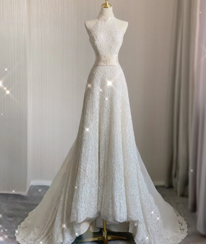 Vestido de novia blanco largo de encaje con escote alto y corte A único, vestido de novia de verano DP409