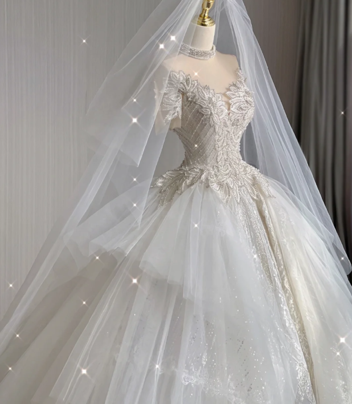 Vestido de novia blanco largo con escote alto y encaje, único, para verano, DP416