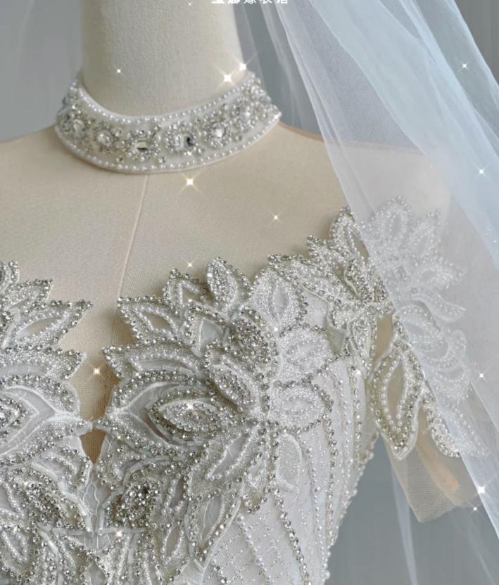 Vestido de novia blanco largo con escote alto y encaje, único, para verano, DP416
