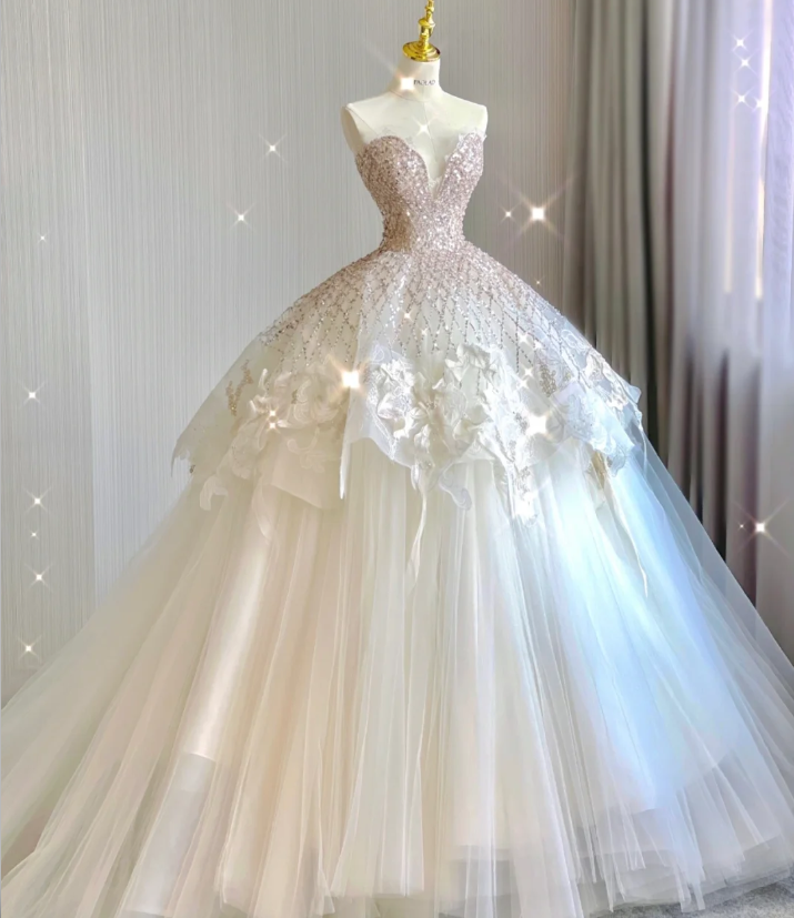 Vestido de novia blanco largo con lentejuelas y escote corazón, único, DP418