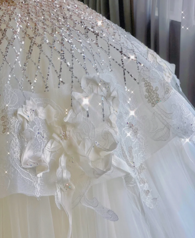 Vestido de novia blanco largo con lentejuelas y escote corazón, único, DP418