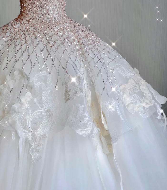 Vestido de novia blanco largo con lentejuelas y escote corazón, único, DP418
