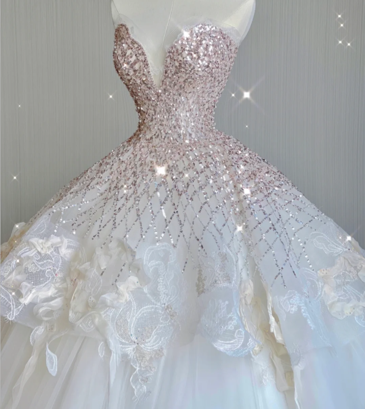 Vestido de novia blanco largo con lentejuelas y escote corazón, único, DP418