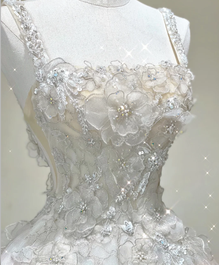 Vestido de novia blanco largo con encaje y escote cuadrado, único, DP421