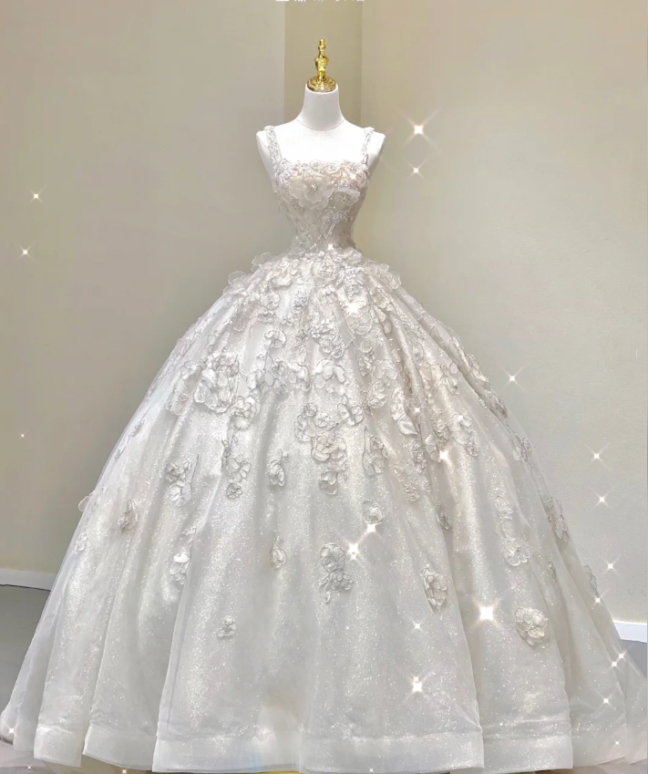 Vestido de novia blanco largo con encaje y escote cuadrado, único, DP421