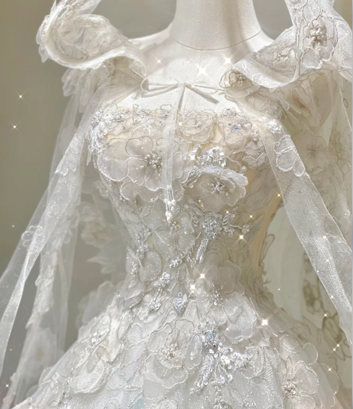 Vestido de novia blanco largo con encaje y escote cuadrado, único, DP421