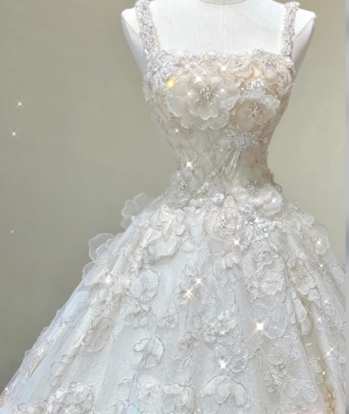 Vestido de novia blanco largo con encaje y escote cuadrado, único, DP421